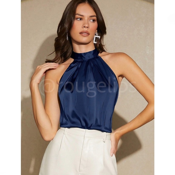 Navy Blue Satin Halter Blouse Top - Picture 6 of 14